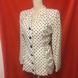 Lorraine Parish ruched fantail blazer white black polka dot size m